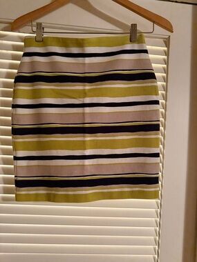 Ann Taylor Striped Pencil Skirt in Olive Green, Black & Cream
